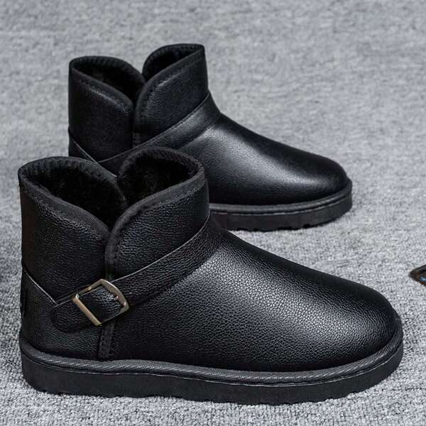 Men's Outdoor Winter Pu Leather Boots, Warm & Fashionable High Top Boots With Buckle For Anti-slip