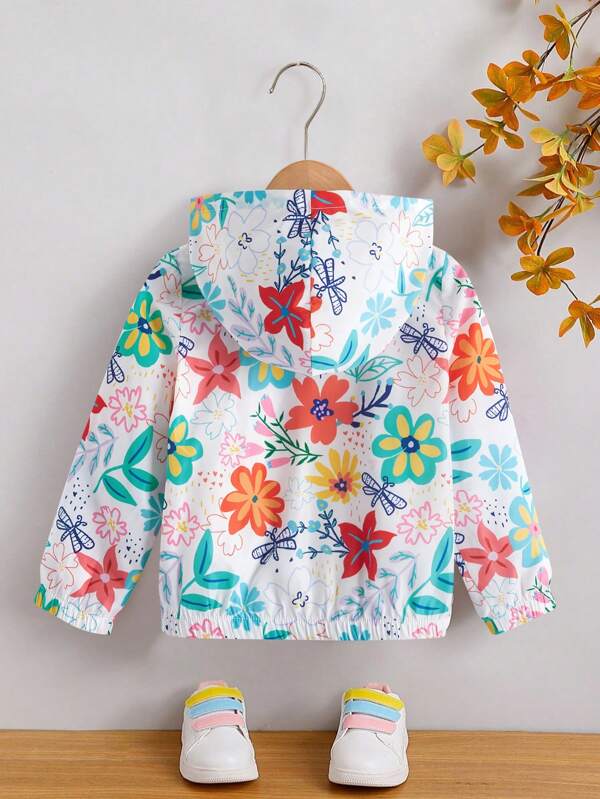 Young Girl Floral Print Zip Up Hooded Jacket Without Tee