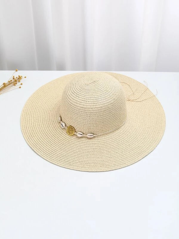 1pc Women Shell & Metal Decor Boho Straw Hat For Outdoor Travel