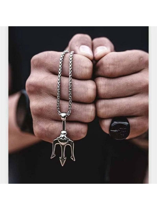 Men Trident Pendant Necklace Silver Stainless Steel Fashionable Popular Jewelry Gift Party