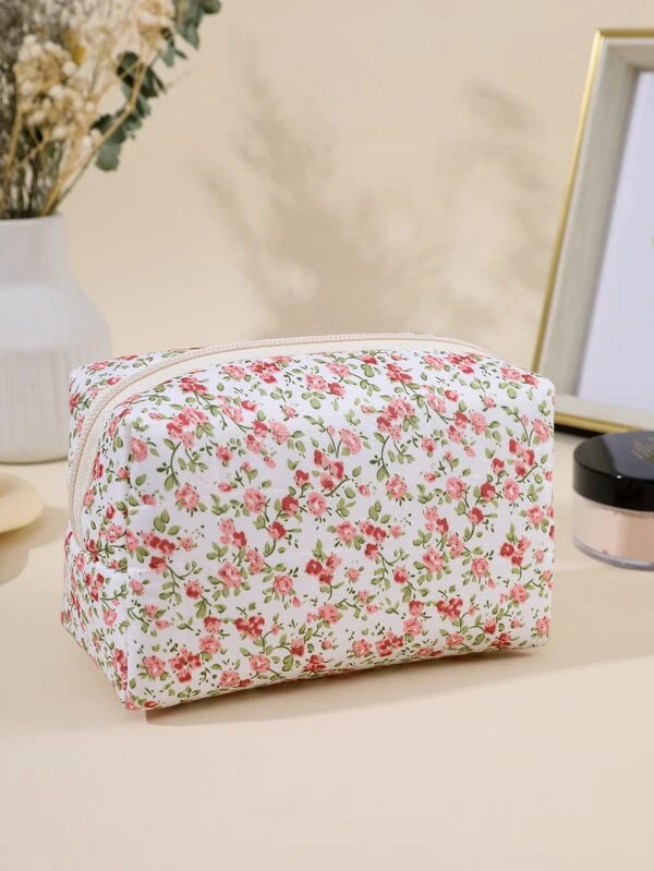 1pc Rose Red Fabric Floral Portable Household Organize Travel Makeup Bag For Women Girls