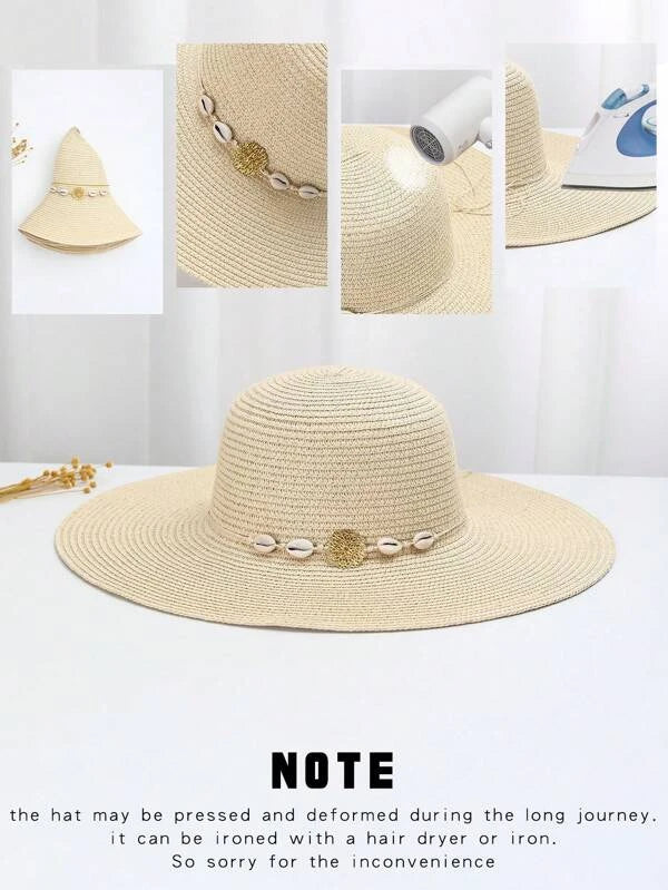 1pc Women Shell & Metal Decor Boho Straw Hat For Outdoor Travel