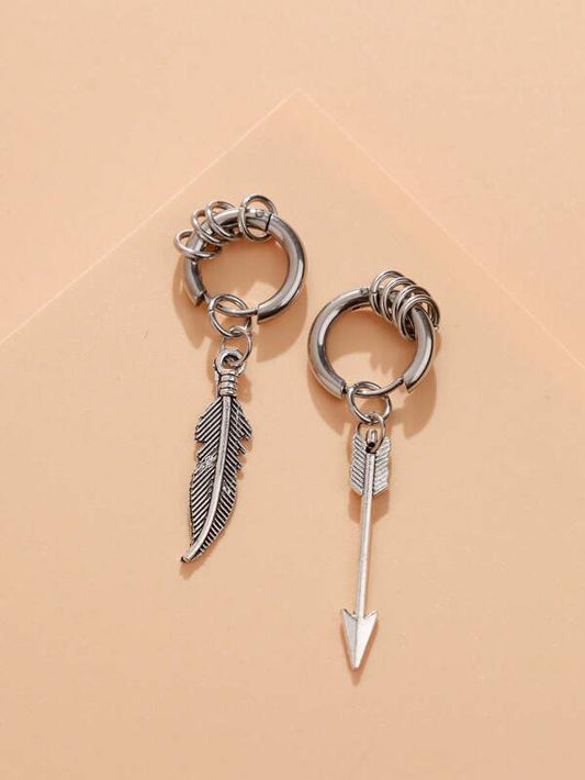 1pair Fashionable Stainless Steel Arrow & Feather Decor Mismatched Drop Earrings For Men Women For Daily Decora
