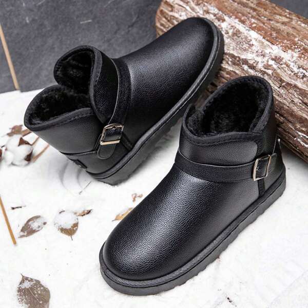 Men's Outdoor Winter Pu Leather Boots, Warm & Fashionable High Top Boots With Buckle For Anti-slip