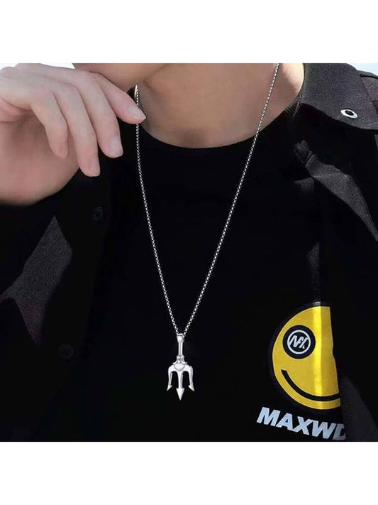 Men Trident Pendant Necklace Silver Stainless Steel Fashionable Popular Jewelry Gift Party
