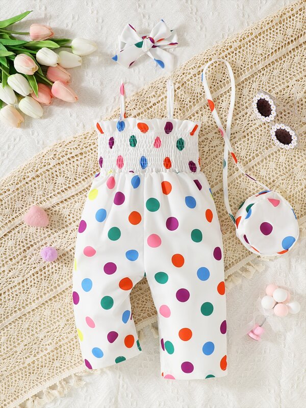 Baby Polka Dot Print Cami Jumpsuit & Accessory Headband & Accessory Bag