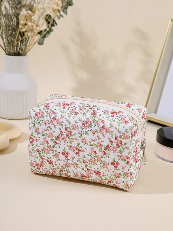 1pc Rose Red Fabric Floral Portable Household Organize Travel Makeup Bag For Women Girls