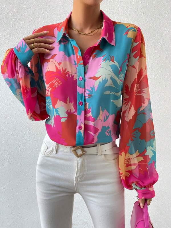 SHEIN Frenchy Floral Print Lantern Sleeve Shirt