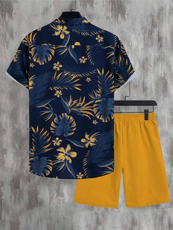 Men Tropical Print Shirt & Drawstring Waist Shorts Without Tee