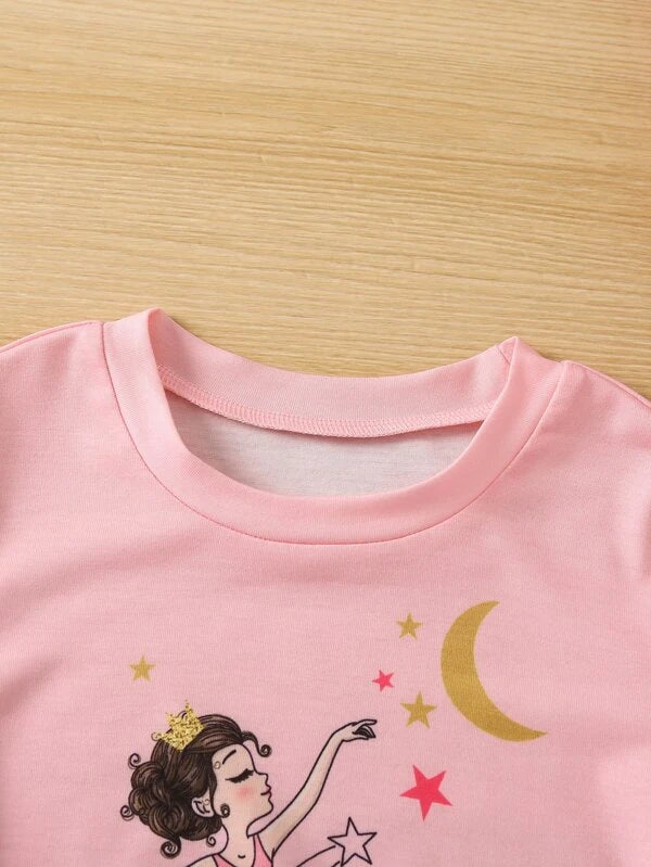 Toddler Girls Cartoon Girl And Moon Print Tee