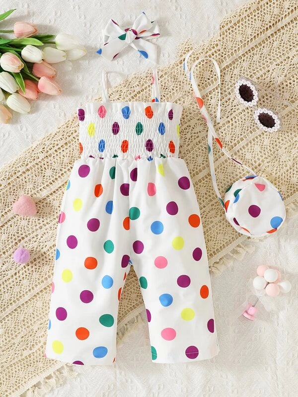 Baby Polka Dot Print Cami Jumpsuit & Accessory Headband & Accessory Bag