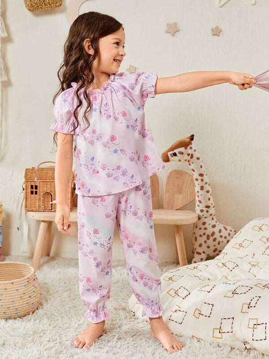 Toddler Girls Shell Print Ruffle Trim PJ Set