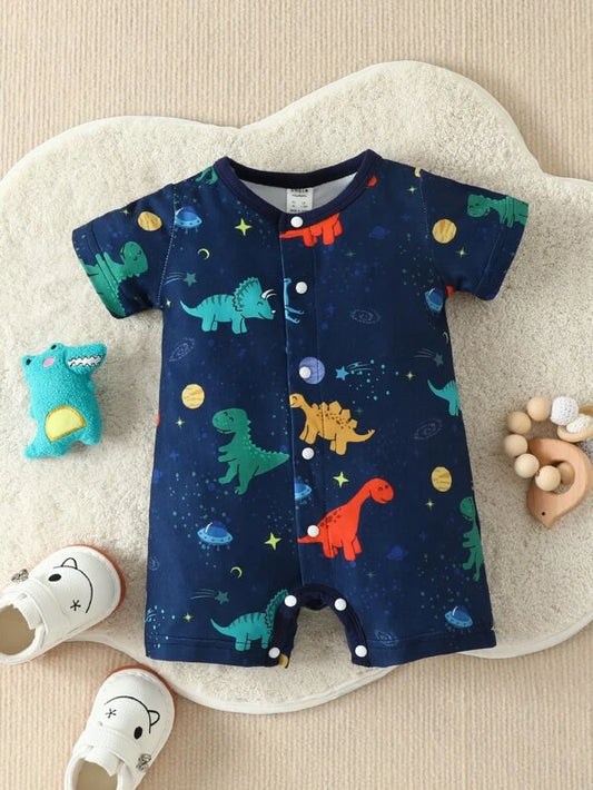 SHEIN Newborn Baby Dinosaur Print Button Front Romper