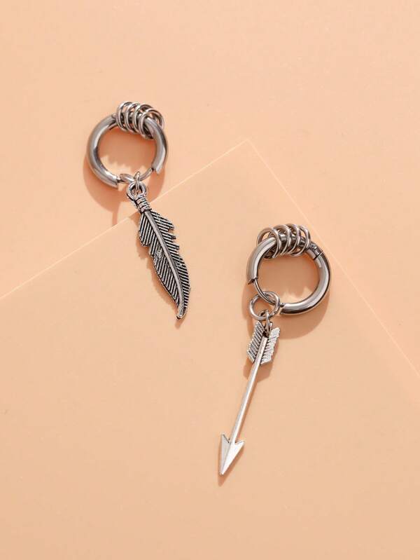 1pair Fashionable Stainless Steel Arrow & Feather Decor Mismatched Drop Earrings For Men Women For Daily Decora