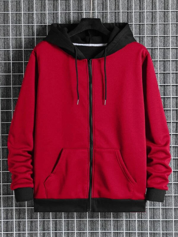 Men Colorblock Zip Up Thermal Drawstring Hoodie