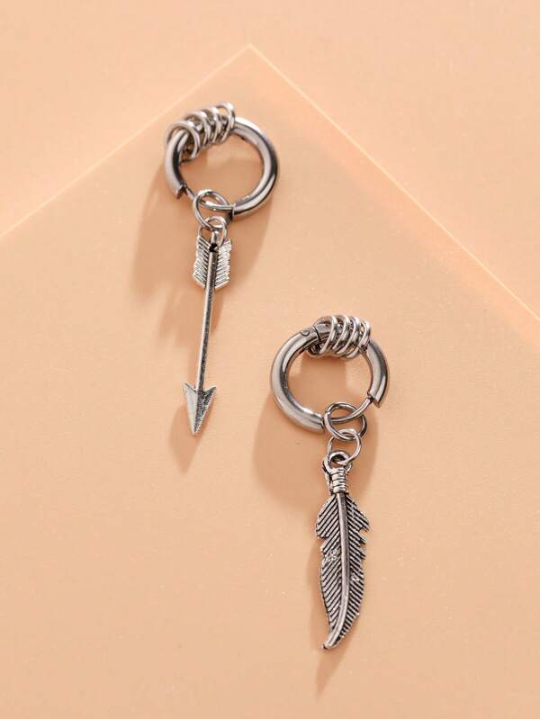 1pair Fashionable Stainless Steel Arrow & Feather Decor Mismatched Drop Earrings For Men Women For Daily Decora