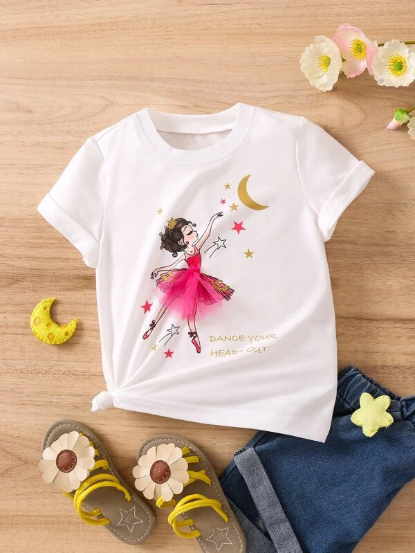 Toddler Girls Cartoon Girl And Moon Print Tee