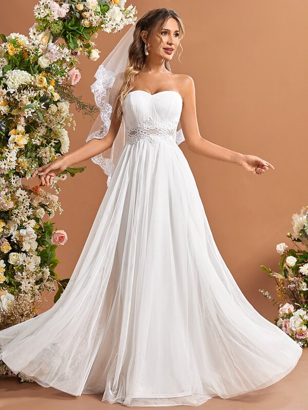 Contrast Guipure Lace Mesh Tube Wedding Dress Without Veil