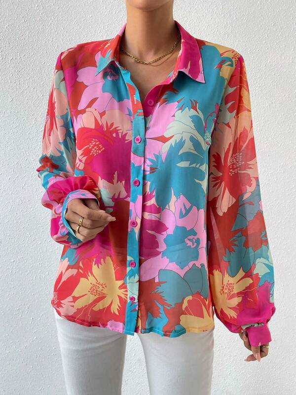 SHEIN Frenchy Floral Print Lantern Sleeve Shirt