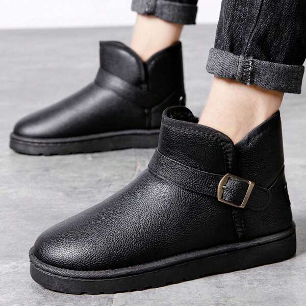 Men's Outdoor Winter Pu Leather Boots, Warm & Fashionable High Top Boots With Buckle For Anti-slip