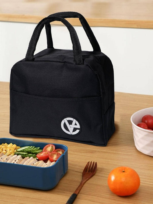 1pc Letter Label Lunch Bag, Black Portable Work School Outdoor Cooler Bag Lunch Tote Bag Insulated Lunch Box Bag For School Work For Picnic Travel Outdoors For Women Men
