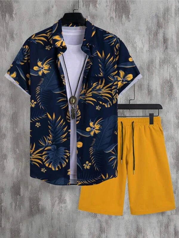 Men Tropical Print Shirt & Drawstring Waist Shorts Without Tee