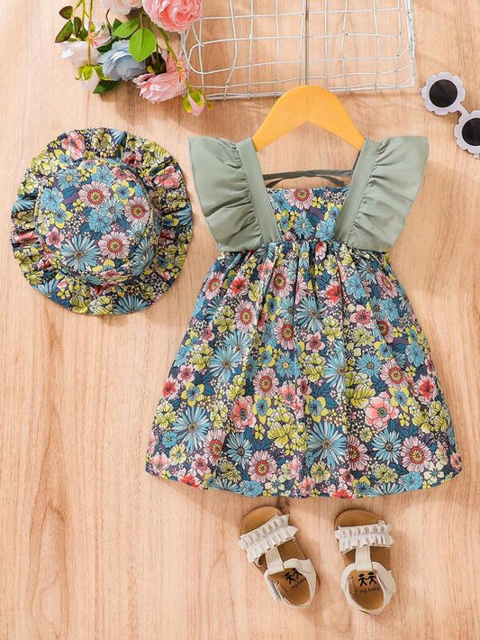 Baby Girl Floral Print Ruffle Trim Dress With Hat