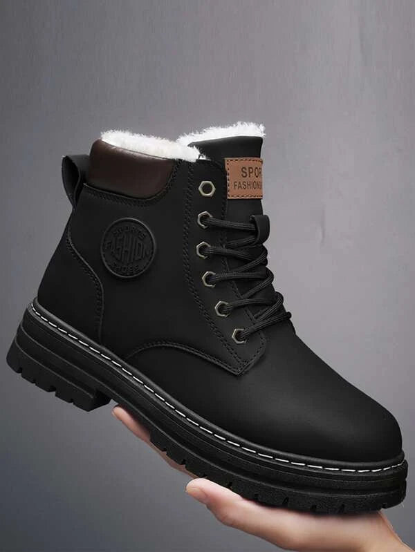 Men Patch Detail Lace-up Front Thermal Lined Combat Boots