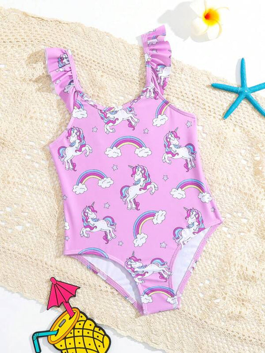 SHEIN Kids QTFun Toddler Girls Unicorn Print Ruffle Trim One Piece Swimsuit