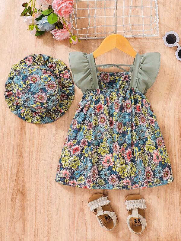 Baby Girl Floral Print Ruffle Trim Dress With Hat