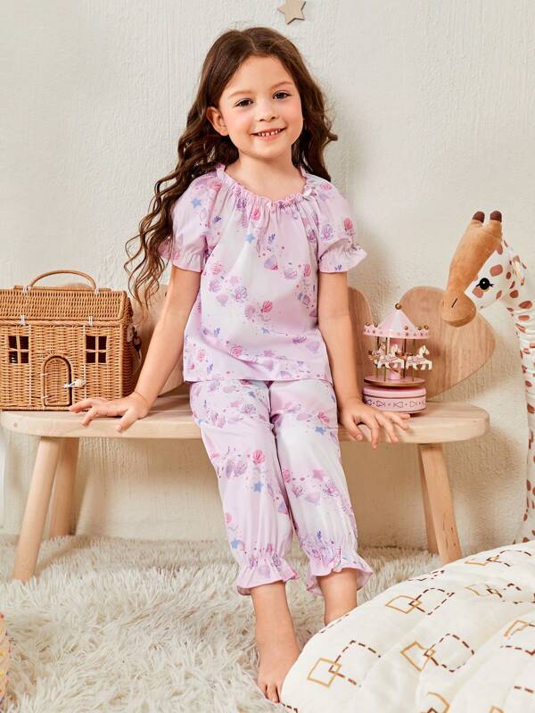 Toddler Girls Shell Print Ruffle Trim PJ Set