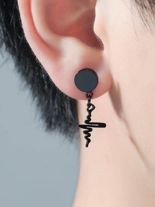 2pcs/set Fashionable Minimalist Stainless Steel Black Round Hollow Out Heartbeat Design Dangle Earrings For Men