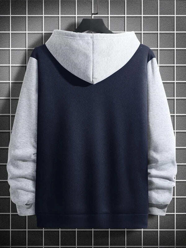 Men Color Block Kangaroo Pocket Drawstring Hoodie