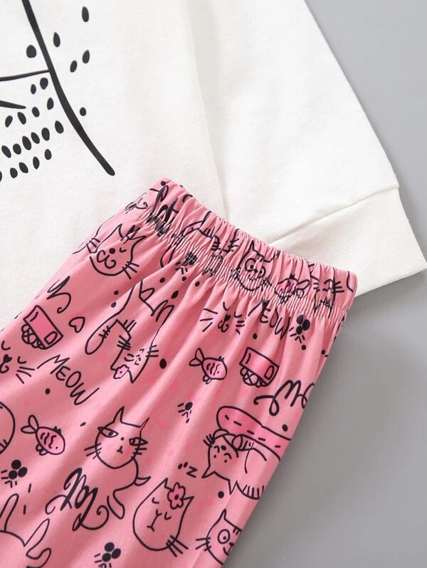 Toddler Girls Cartoon Cat & Heart Print PJ Set