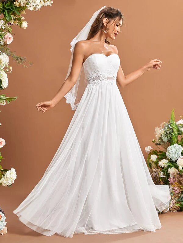 Contrast Guipure Lace Mesh Tube Wedding Dress Without Veil