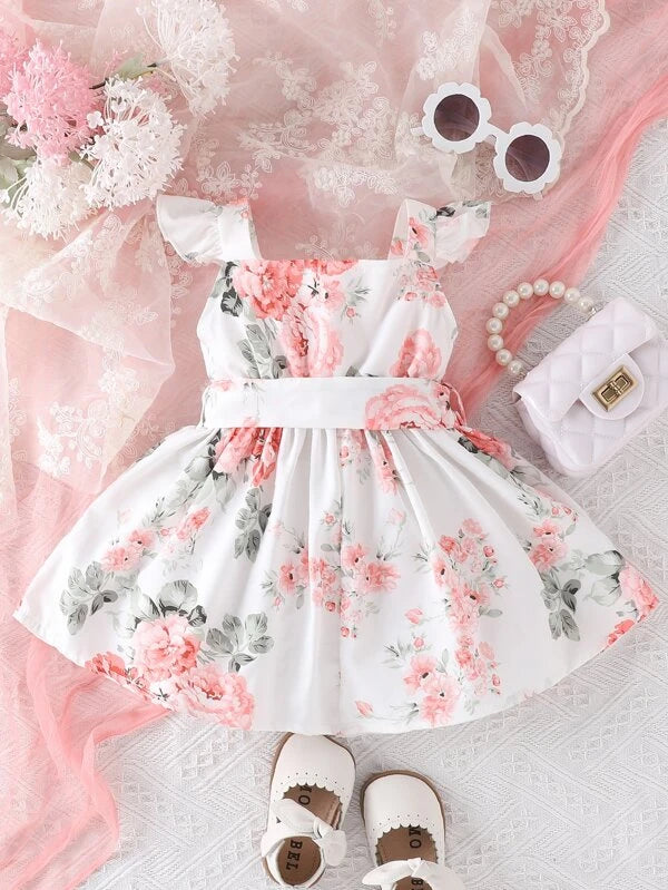 Baby Floral Print Ruffle Trim Cami Dress