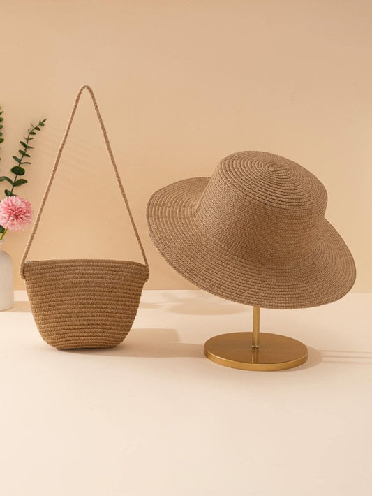 1pc Women Solid Color Vacation Straw Hat With Straw Bag For Summer