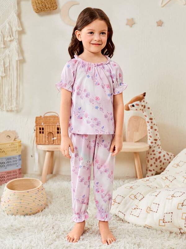 Toddler Girls Shell Print Ruffle Trim PJ Set