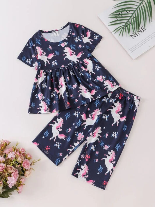 Toddler Girls Unicorn & Floral Print Keyhole Back Peplum PJ Set