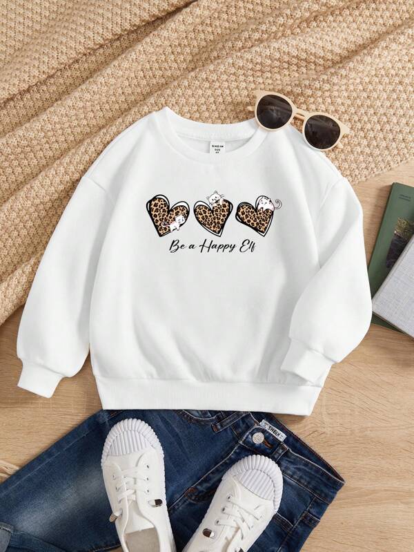 Young Girl Leopard & Heart Print Thermal Lined Sweatshirt