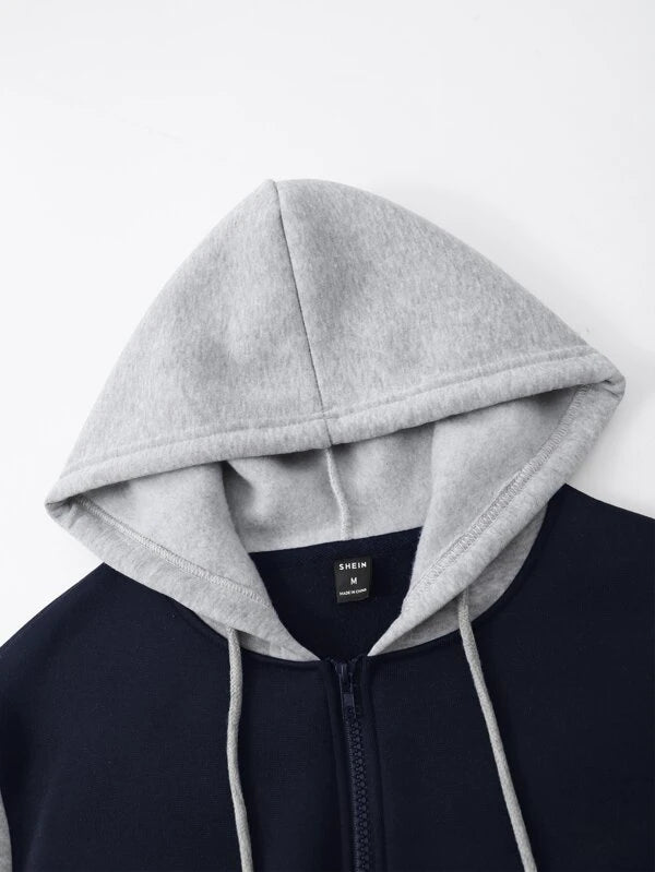 Men Color Block Kangaroo Pocket Drawstring Hoodie