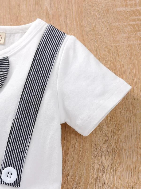 Baby Boy Bow Front Tape Tee With Striped Shorts
