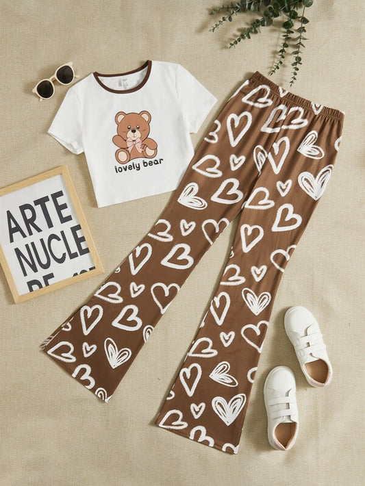 SHEIN Teen Girls Bear & Letter Graphic Contrast Binding Tee & Heart Print Flare Leg Pants