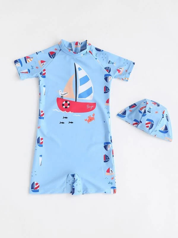 SHEIN Kids QTFun Toddler Boys Cartoon Graphic Zip Back One Piece Swimsuit With Swim Cap