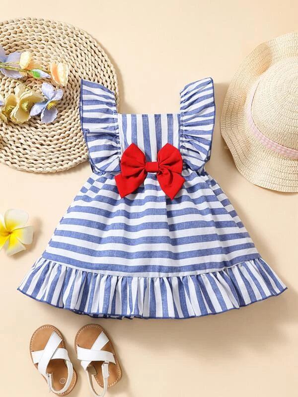 Baby Striped Bow Front Ruffle Hem Dress