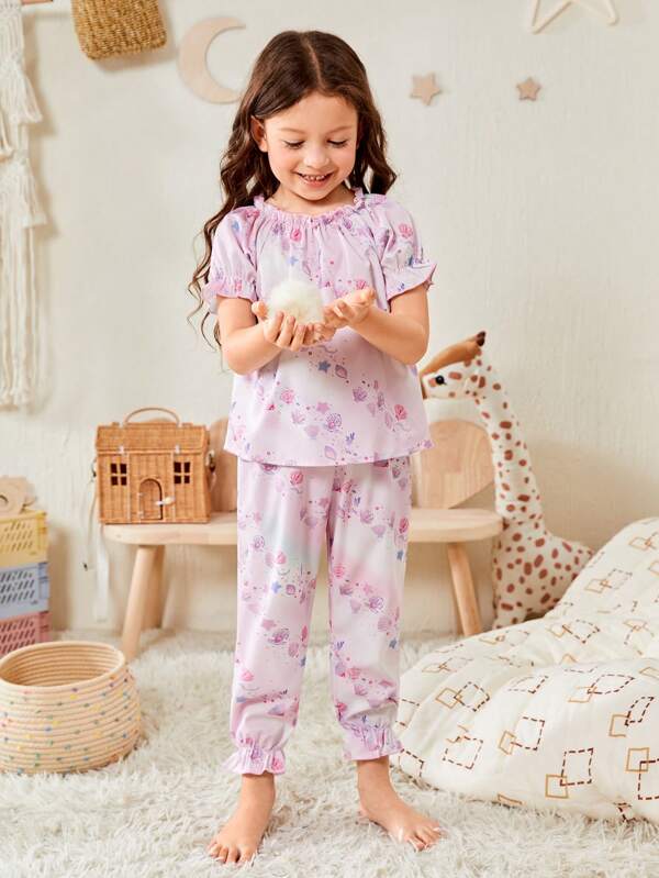 Toddler Girls Shell Print Ruffle Trim PJ Set