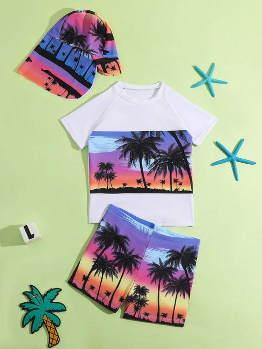 SHEIN Kids SUNSHNE Toddler Boys Coconut Tree Print Beach Swimsuit With Swim Cap