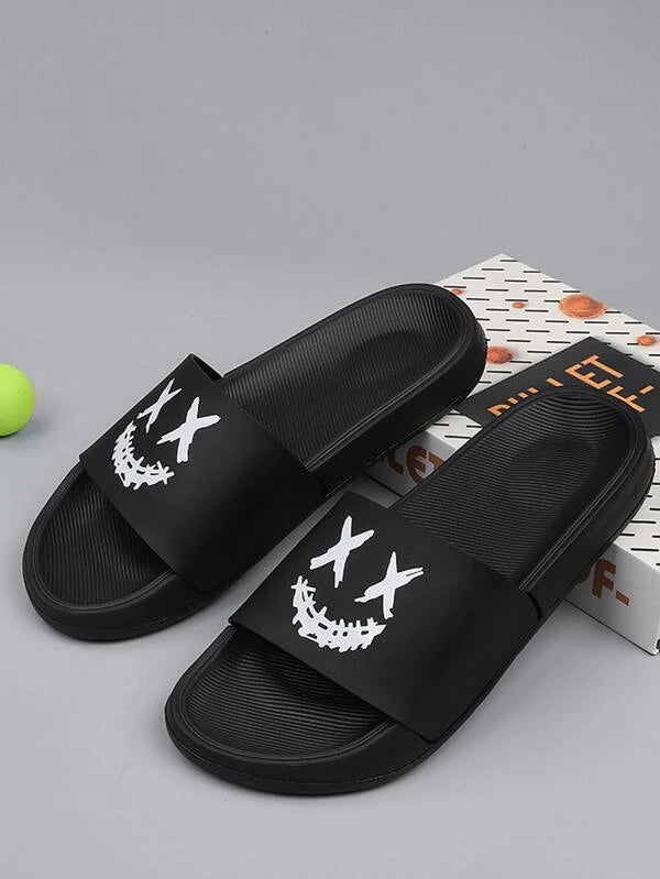 Cool Black Slide Shoes For Men, Cartoon Pattern Single Band EVA Slippers