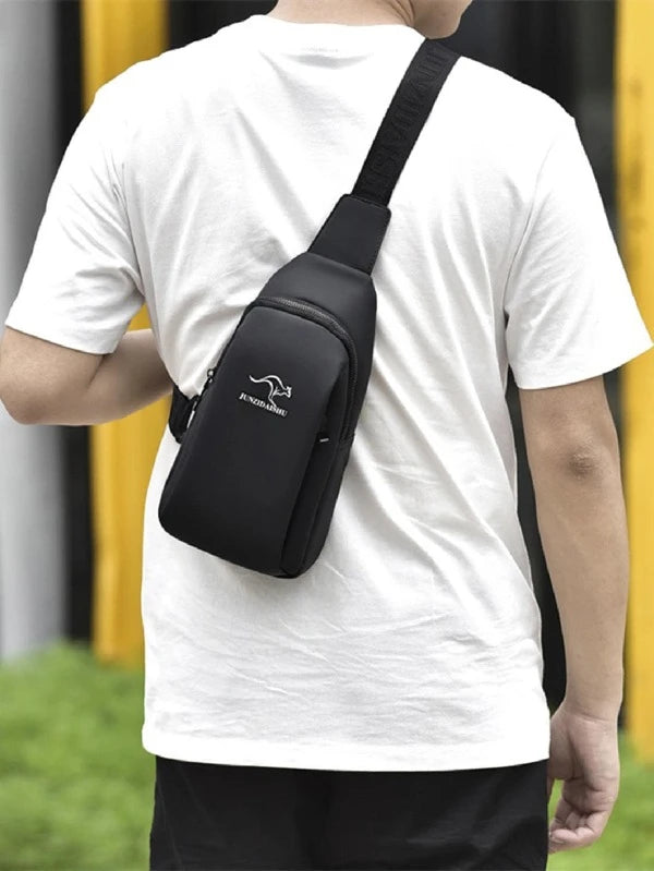 A black nylon multi pocket multifunctional USB interface headphone hole, zipper buckle, fashionable and casual men's chest bag suitable for daily use by men to work and commute