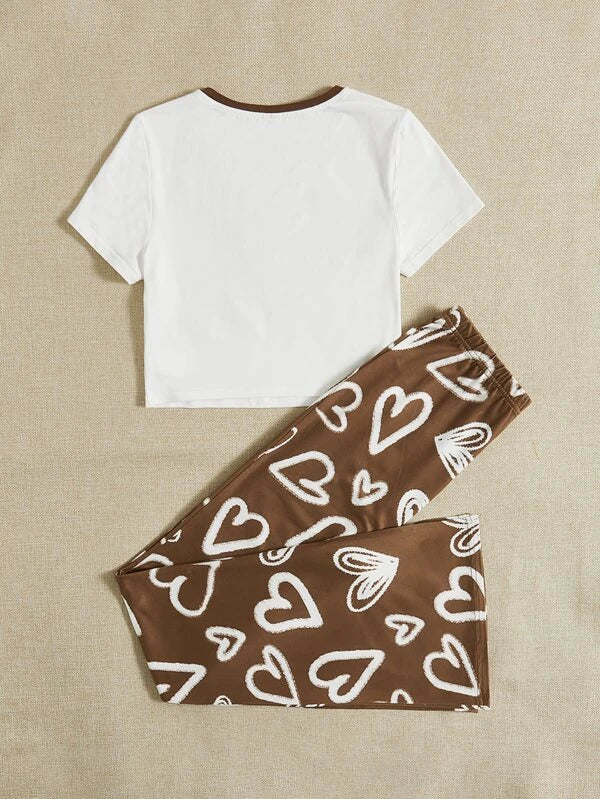 SHEIN Teen Girls Bear & Letter Graphic Contrast Binding Tee & Heart Print Flare Leg Pants